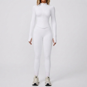 Custom <b>Women</b> Activewear 2 Piece Set Long Sleeve <b>Zip</b> Up Jacket <b>Top</b> High Waist Leggings Fitness Workout - Product Image 2