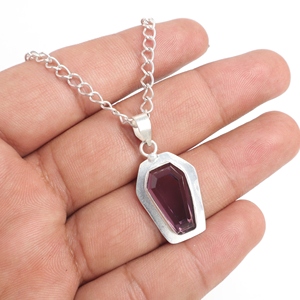 Pendentif en laiton en argent sterling 925 avec améthyste naturelle, pierres précieuses de guérison, taille cercueil, plaqué argent avec sertissage clos pour femme - Product Image 2