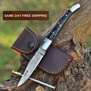 Cuchillo de bolsillo plegable de acero de Damasco hecho a mano, diseño OEM, con bloqueo trasero, hoja plegable alemana de caza con punta de gota, el más vendido. - Product Image 2