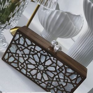 Geometric Design <b>MOP</b> Inlay Wooden Evening Clutch With Beaded <b>Handle</b> For Wedding Festive Wear Party Stylish Fashion Statement Bag - Product Image 1