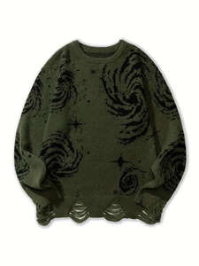 Pull en tricot à imprimé galaxie avec ourlet effiloché, manches longues, vêtements d'hiver pour homme - Product Image 3