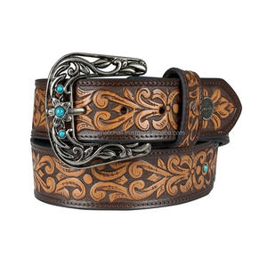 Ceinture en cuir western best-seller, ceinture de cowboy à motifs floraux en relief avec clous, boucle en pierres turquoise, ceinture en cuir travaillée - Product Image 2