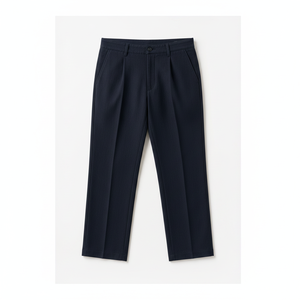 Pantalon formel plissé en satin respirant bleu marine pour homme, coupe droite avec fermeture éclair, idéal pour les tenues décontractées ou professionnelles - Product Image 1