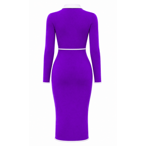 Vestido Midi Ajustado Morado para Mujer NCNW con Cuello Polo Blanco en Contraste, Manga Larga y Cierre de Cremallera, Estilo Casual - Product Image 4