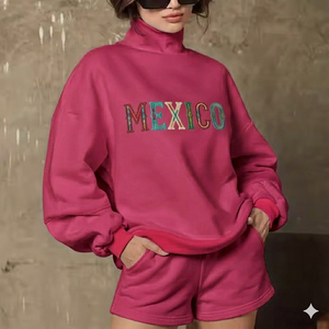Conjunto de Top de Cuello Alto y Pantalones Cortos por Encima de la Rodilla para Mujer, Cálido, Cómodo, Relajado, Elegante, para Uso Diario - Product Image 1
