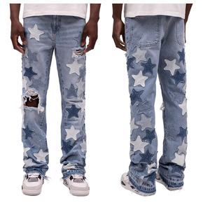 Jean en denim pour homme 2026 de haute qualité, coupe évasée, délavé bleu, avec patchs, effet usé, style streetwear hip-hop Y2K, OEM ODM, en coton - Product Image 6
