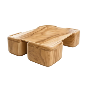 Organic Modern Solid Suar Wood <b>Coffee</b> <b>Table</b> Chunky Blocks <b>Legs</b> Curved Edge Elegant Natural Grain Handmade Furniture - Product Image 2
