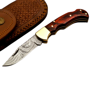 Custom Handmade Damascus <b>Steel</b> Lock Back Folding Knife with Red Wood Handle Patterned Blade Pocket Knives for Camping <b>Outdoor</b> - Product Image 1