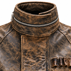 Chaqueta Bomber de Cuero Genuino para Hombre, Color Marrón, Acabado Desgastado, Transpirable, Cuello Alto Informal, Múltiples Bolsillos, Estilo Motero - Product Image 3