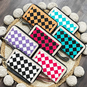 Western Genuine Cowhide Leather Checkered Wallet for Women Zipper Clutch Handcrafted <b>Wristlet</b> Purse Multi Color Durable Design - Product Image 4
