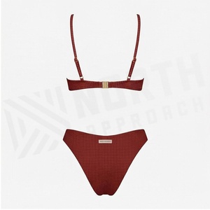 Women Red <b>Checkered</b> Bikini Set V-Neck Triangle <b>Top</b> Hipster Bottoms Stretch Swimwear 2 Piece Fashion Swim Suit - Product Image 2