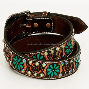 Ceinture d'outillage en cuir occidentale sculptée à la main à motifs floraux en relief ceinture de cow-boy en cuir usiné prix de gros de qualité export pour hommes - Product Image 1