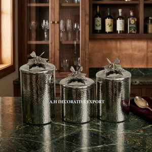 Custom Hammered Silver <b>Decorative</b> Containers with Butterfly Knobs Luxury Kitchenware for Interior Design Canisters for Storage - Product Image 3