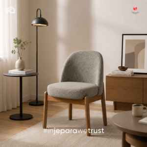 Modern Luxury Single Seater Boucle Teak Wood <b>Chair</b> <b>Padded</b> Fabric Cushioned Dining Room Kitchen Hotel Restaurant Jepara - Product Image 1