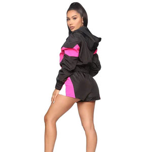 <b>Women</b> Color Block Black Pink Tracksuit Set Hooded Crop <b>Jacket</b> With Matching Shorts Sportswear Streetwear Spring Casual Wear - Product Image 2