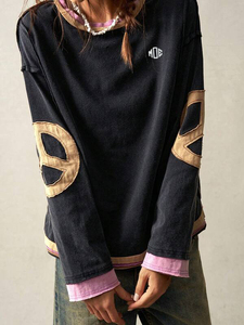 Custom Patch Applique Vintage Washed Oversized Contrast Layered Hem Black Women's Sweatshirt Hoodies Private Label High Street - Product Image 2