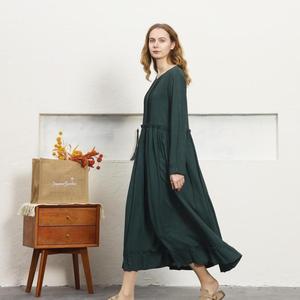Bohemian Green Plain Cotton Linen Maxi <b>Dress</b> With O-Neck <b>Loose</b> Fit Full Sleeve Summer Casual <b>Dress</b> For Women - Product Image 2