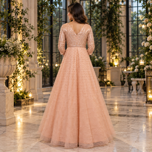 Robe de soirée élégante couleur pêche champagne |   Robe de soirée longue à col en V perlé, manches longues, coupe trapèze, pour fêtes, mariages et événements - Product Image 4