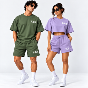 custom couple streetwear short set mens cream maroon oversized <b>tshirt</b> shorts <b>womens</b> <b>black</b> pink cropped tee gym shorts tracksuit - Product Image 5