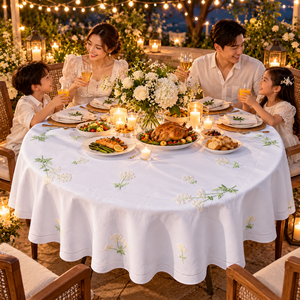 Botanical Wildflower Embroidered Cotton Round Tablecloth Elegant Hemstitch <b>Table</b> <b>Cover</b> for Wedding Banquet & Garden Party - Product Image 4