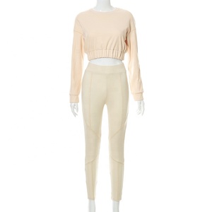 Leggings et haut de survêtement en tissu personnalisé pour femme, à manches longues, col ras du cou, sweat-shirt, ensemble de vêtements de sport, dernière mode - Product Image 3