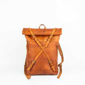 Vegetable Tanned Leather <b>Roll</b> Top <b>Backpack</b> Mens Cowhide Travel Rucksack Laptop Bag Eco Friendly Material LTBP-0110 - Product Image 1