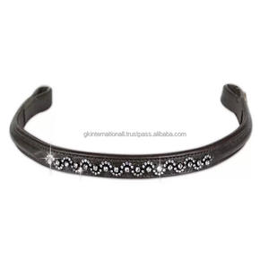 Classic Rolled Leather Padded Horse brow band with Decorative Hotfix Crystals Chain Mega Bling <b>Bridle</b> brow band for Horses - Product Image 4