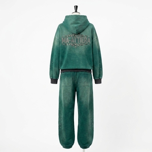 Conjunto de Sudadera con Capucha Oversize Verde Oscuro y Pantalones Jogger para Mujer, con Pedrería, de Algodón y Felpa, Estilo Urbano, Chándal OEM al por Mayor - Product Image 3