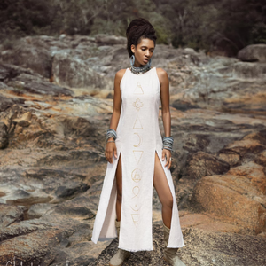 Robe longue bohème bio pour femme, style débardeur à franges, en coton, fendue, sexy, style festival, imprimé tribal, pour le yoga et les tenues festives - Product Image 1