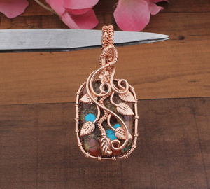 Pendentif vintage fait main en forme de feuille, serti de fils, plaqué platine, argent sterling 925, pierre précieuse en cuivre bleu, unisexe - Product Image 3