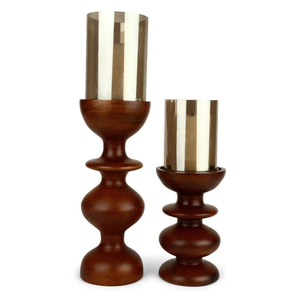 Support à bougies en bois - Ensemble de 2 supports à bougies en bois de manguier pour la décoration de la maison avec verre, centre de table, pilier rond - Product Image 5