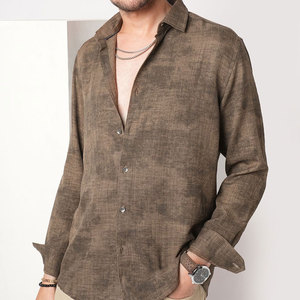 Camisa Casual de Lino y Algodón Marrón para Hombre, Manga Larga, Cuello Clásico, Transpirable, Color Sólido, Tejida, para Verano - Product Image 1