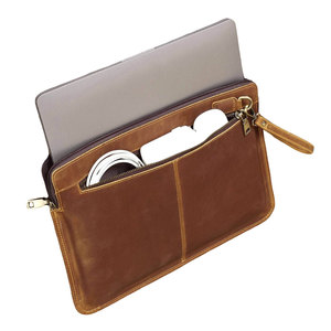 Brown Leather <b>Laptop</b> <b>Sleeve</b> Case with Front Zip Pocket and Wrist Strap for 13-15 Inch Devices - Product Image 1