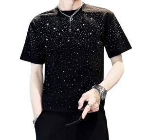 เสื้อยืดผู้ชายสีดำประดับดาวคริสตัลหรูหรา แขนสั้น แต่งเลื่อมวิบวับ สไตล์สตรีทแวร์ เหมาะสำหรับงานปาร์ตี้และแฟชั่น - Product Image 1