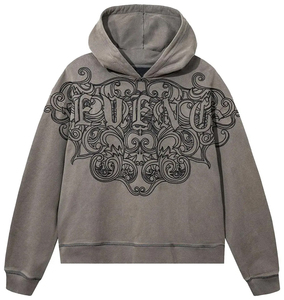 Sudadera con Capucha Gris para Hombre, Estilo Punk, Estampado de Llamas, Algodón French Terry, Corte Regular, para Otoño, con Bolsillo Delantero y Gráficos en las Mangas - Product Image 3