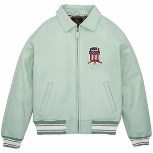 Veste universitaire en cuir vert menthe, style rétro, bomber tout américain, veste unisexe, streetwear, vente en gros - Product Image 1