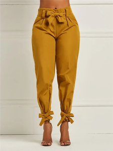High Waist Olive Green Satin <b>Harem</b> Pants With Bow Ties At Waist And Ankles Casual Ankle-Length Women's <b>Trousers</b> - Product Image 6
