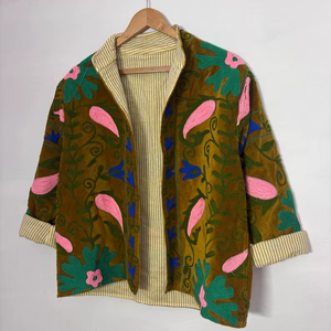Handmade Suzani Velvet <b>Kantha</b> Quilt <b>Jacket</b> Embroidered Cotton Coat - Product Image 1