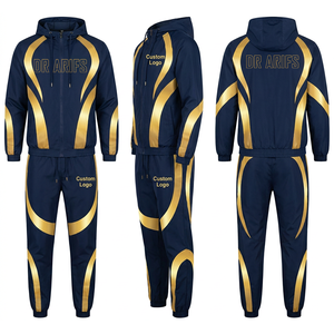 Conjunto deportivo de hombre con capucha, chaqueta con cremallera y pantalones en bloques de color azul y naranja, con logo personalizado. - Product Image 2