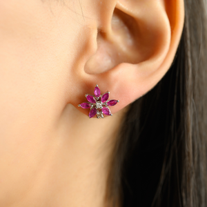 925 Sterling <b>Silver</b> Natural Ruby & Diamond Floral Motif Classy <b>Stud</b> <b>Earrings</b> For Women July Birthstone Gift - Product Image 2