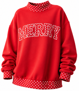 Merry <b>Red</b> Polka Dot Turtleneck <b>Sweatshirt</b> <b>Women's</b> 100% Cotton Knitted Winter Pullover Regular Fit Letter Print Front - Product Image 1