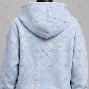 Conjunto de Sudadera con Capucha y Pantalones Cortos Azul Claro con Lavado Ácido, Ecológico, con Patrón de Cruz Bordado, Chándal Casual de Dos Piezas para Invierno - Product Image 5