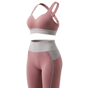 Women's Pink Yoga Set Racerback Sports Bra High Waist Full Length <b>Leggings</b> <b>Seamless</b> Spandex Nylon Breathable - Product Image 5