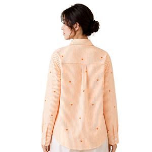 Camisa de mujer a rayas naranja y blanca con botones, blusa de algodón de manga larga con bordado de corazón, corte holgado, estilo casual, top oversize. - Product Image 2