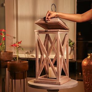 Farol de Vela con Marco de Madera Rústico, Farol Decorativo de Vidrio para Decoración del Hogar, Bodas y Eventos - Product Image 2