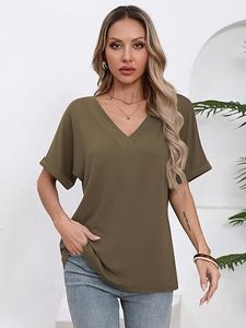 T-shirts d'été pour femmes à manches chauve-souris, broderie de logo personnalisée, respirants, écologiques, grandes tailles, col en V, coupe ample - Product Image 6