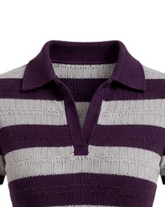 Combinaison en tricot rayée violet foncé et blanc pour femme, manches courtes, col polo, coton, été, décontractée, une pièce, coupe ajustée, personnalisable - Product Image 5