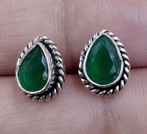 925 Sterling <b>Silver</b> Teardrop Green Onyx Gemstone <b>Stud</b> Earrings 8mm Vintage Rope Frame Handmade Green Stone Fine Jewelry - Product Image 4