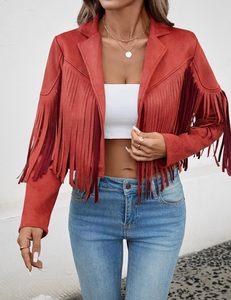 Blazer court rouge en faux daim à franges pour femme, manches longues, ouvert sur le devant, veste d'extérieur tendance automne - Product Image 3