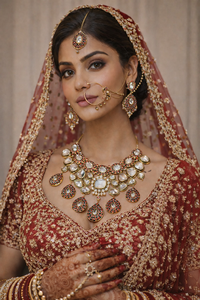 Parure de collier et boucles d'oreilles de mariée Kundan en cuivre plaqué platine, ornée de cristaux et de strass, style luxe et tendance, pour les fêtes de fiançailles traditionnelles indiennes - Product Image 6